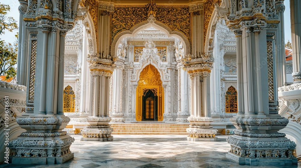 Obraz premium Stunning Architectural Details of an Ornate Temple Entrance Featuring Intricate Carvings, Golden Accents, and a Serene Courtyard in Natural Light