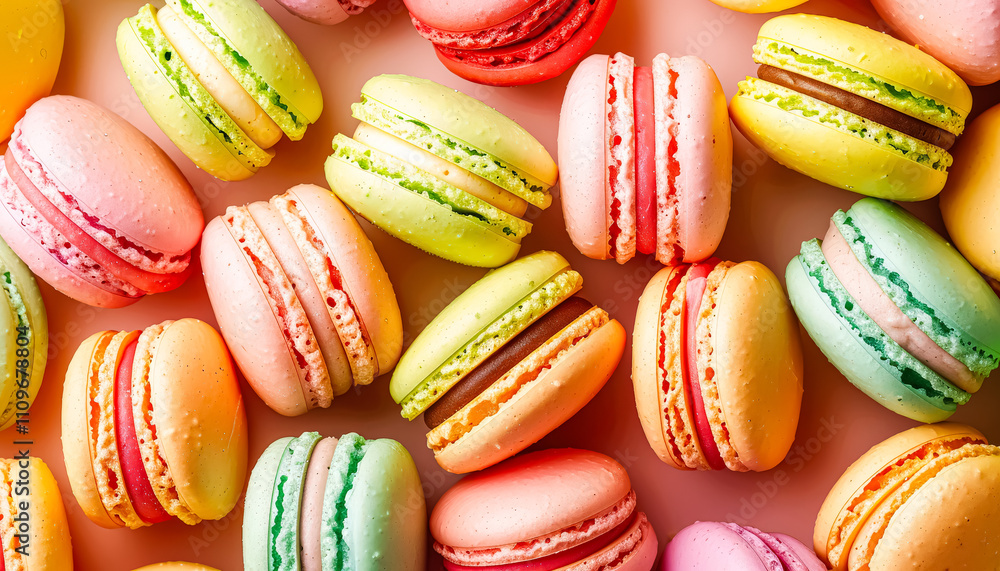 Close up of a variety of colorful macarons. The macarons are arranged in a way that they look like a rainbow Close up of a variety of colorful macarons. The macarons are arranged in a way that they look like a rainbow