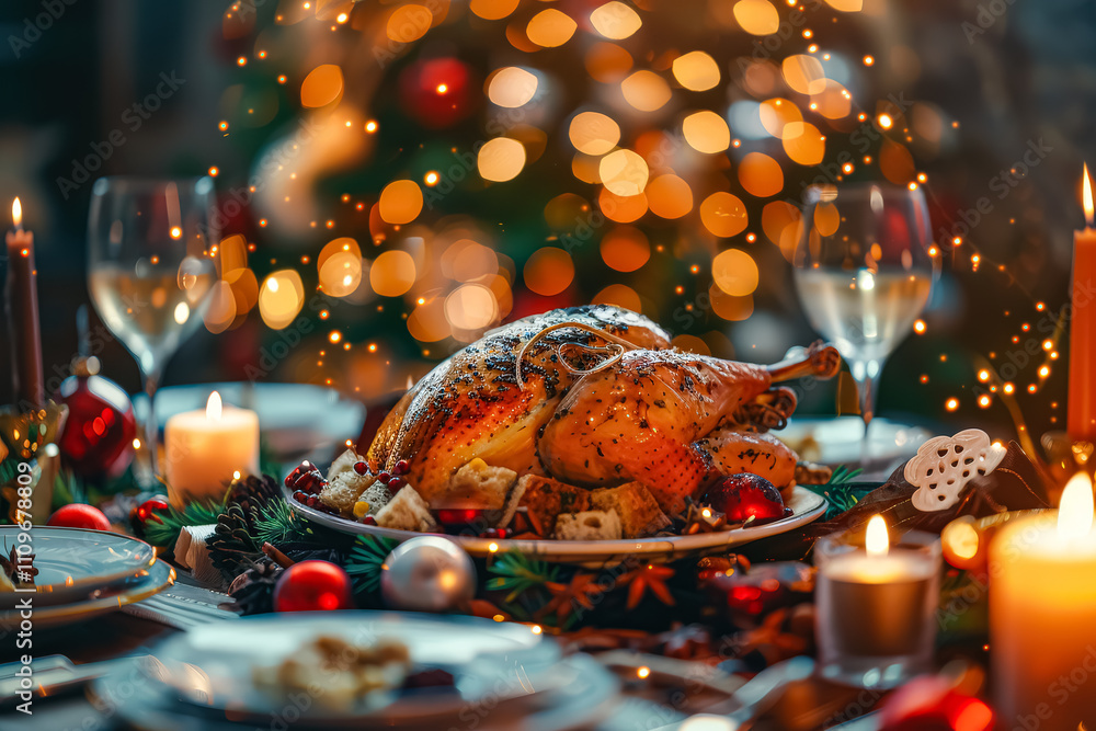 Large turkey is on a white plate with a green leaf on top. The table is set with many dishes, including a variety of vegetables and a wine glass. The atmosphere is festive and inviting, with candles Large turkey is on a white plate with a green leaf on top. The table is set with many dishes, including a variety of vegetables and a wine glass. The atmosphere is festive and inviting, with candles