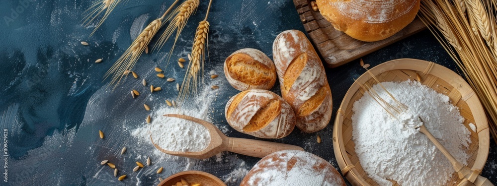 Rustic bread, flour, and wheat composition on textured surface Rustic bread, flour, and wheat composition on textured surface
