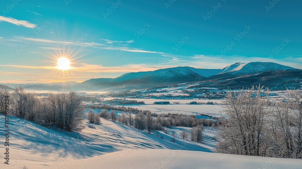 Serene Winter Landscape at Sunrise with Snow-Covered Hills, Frosted Trees, and Majestic Mountains in the Distance Under a Clear Blue Sky Serene Winter Landscape at Sunrise with Snow-Covered Hills, Frosted Trees, and Majestic Mountains in the Distance Under a Clear Blue Sky