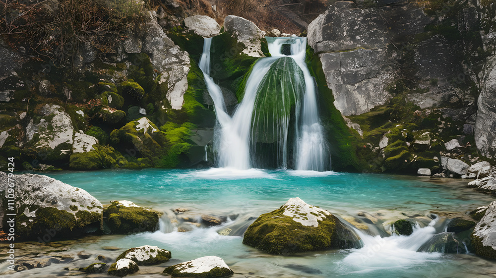 Naklejka premium Crystal-clear waterfall surrounded by mossy rocks.