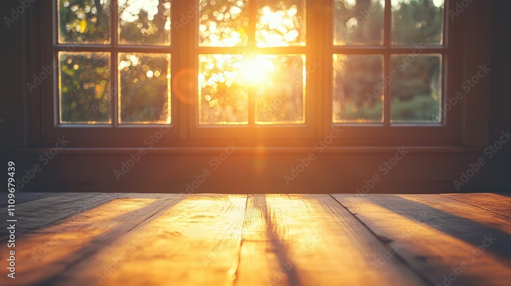 Fototapeta premium Warm Sunlight Streaming Through Vintage Window Illuminating Wooden Floor in Calm Nature Setting for Serene Morning Ambiance