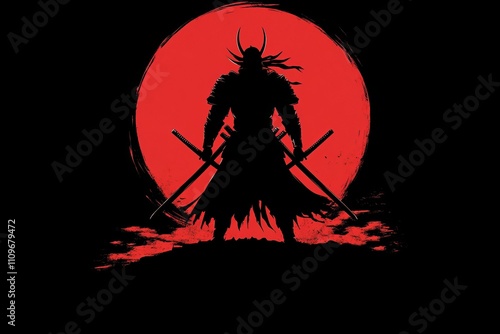 Logo with samurai icon, Japanese warrior in helmet, silhouette of Japan fighter, head of an ancient soldier, katana, samurai head and sword photo