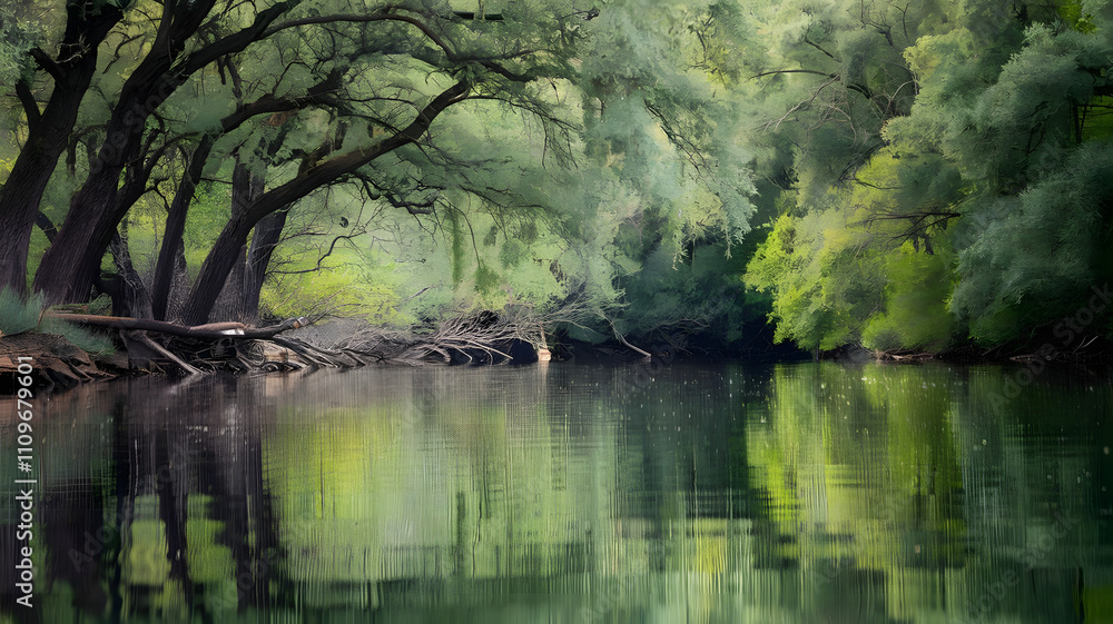 Obraz premium Calm river with reflections of overhanging trees.