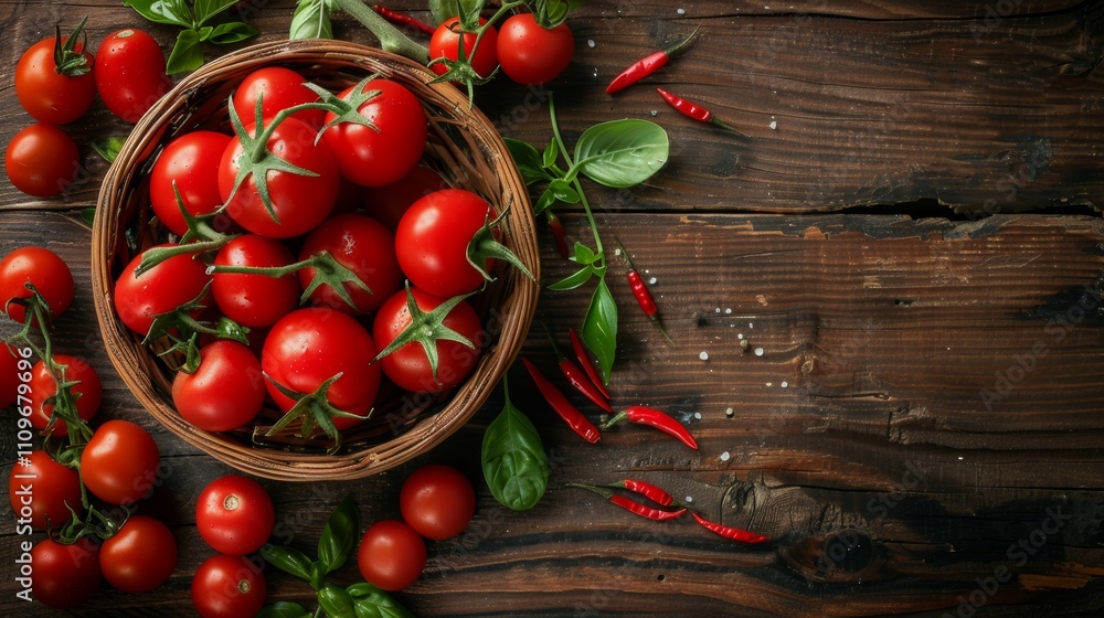 Fresh tomatoes in a wicker basket with herbs and chili peppers Fresh tomatoes in a wicker basket with herbs and chili peppers