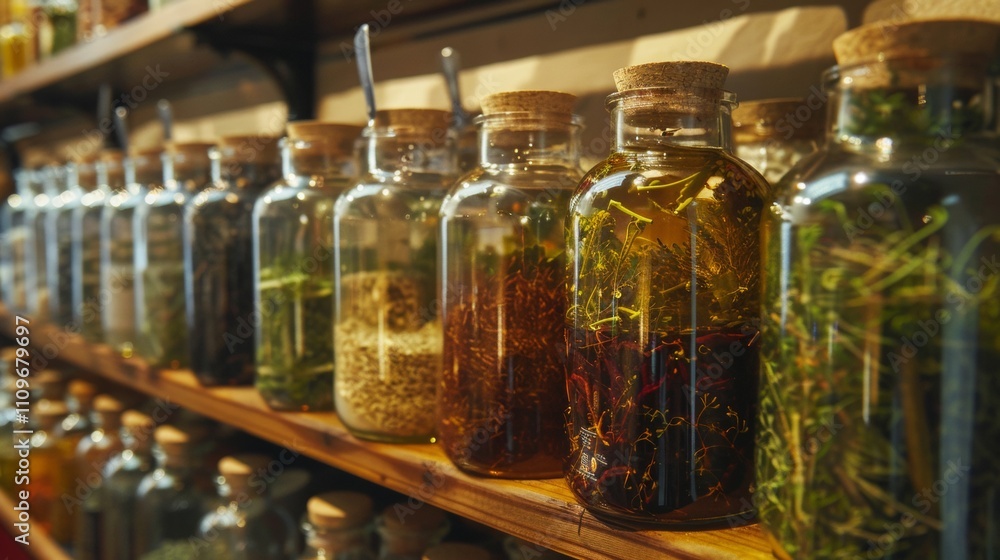 Herbs and spices in glass jars on a rustic shelf Herbs and spices in glass jars on a rustic shelf
