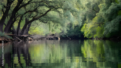 Calm river with reflections of overhanging trees. photo