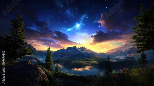 A beautiful mountain landscape with a star in the sky