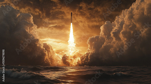 Rocket Launch at Sunset Ocean View Dramatic Cloudscape Space Exploration