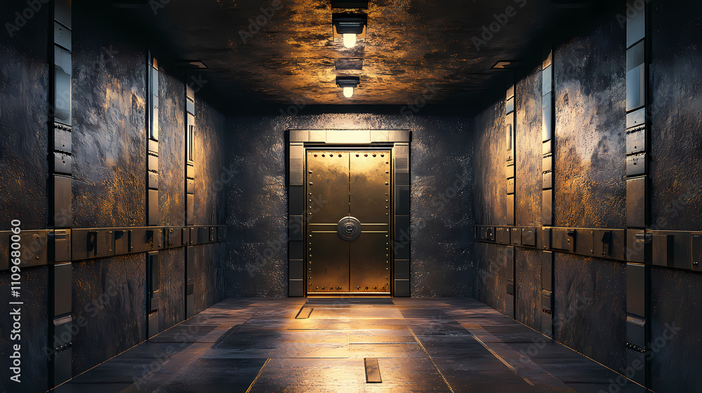 Fototapeta premium Futuristic secret bunker: high detail underground passage with reinforced steel doors. Obscure. Illustration