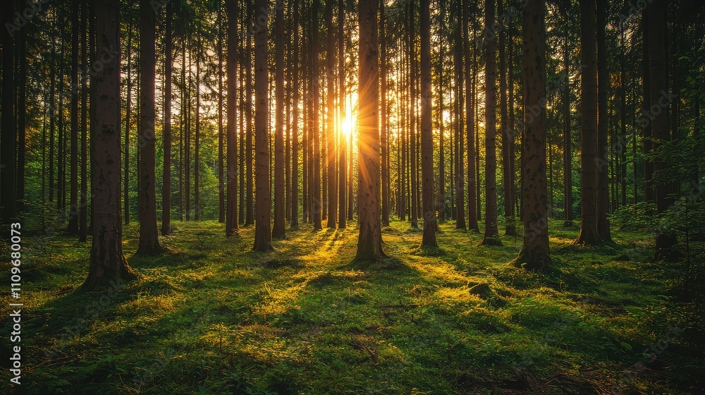 Serene Forest Landscape at Sunrise Illuminated by Soft Sunlight, Tall Trees Casting Shadows on the Lush Green Ground in a Peaceful Natural Setting Serene Forest Landscape at Sunrise Illuminated by Soft Sunlight, Tall Trees Casting Shadows on the Lush Green Ground in a Peaceful Natural Setting