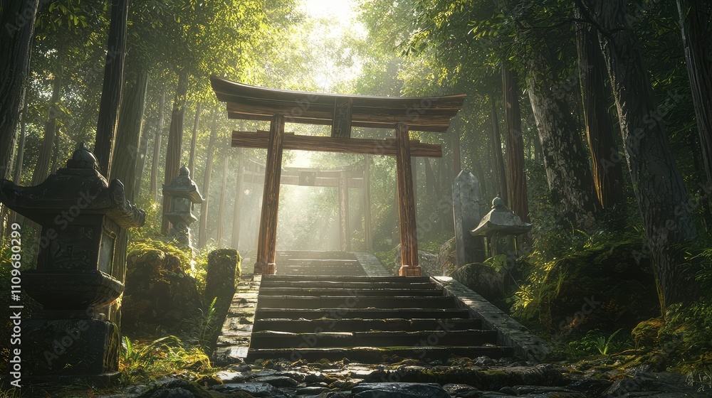 Serene Forest Scene with Traditional Torii Gate Surrounded by Lush Vegetation and Soft Sunlight Filtering Through Trees Serene Forest Scene with Traditional Torii Gate Surrounded by Lush Vegetation and Soft Sunlight Filtering Through Trees