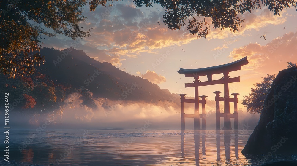 Serene Sunrise at a Traditional Japanese Torii Gate Surrounded by Misty Mountains and Calm Waters, Capturing Tranquility and Natural Beauty at Dawn Serene Sunrise at a Traditional Japanese Torii Gate Surrounded by Misty Mountains and Calm Waters, Capturing Tranquility and Natural Beauty at Dawn