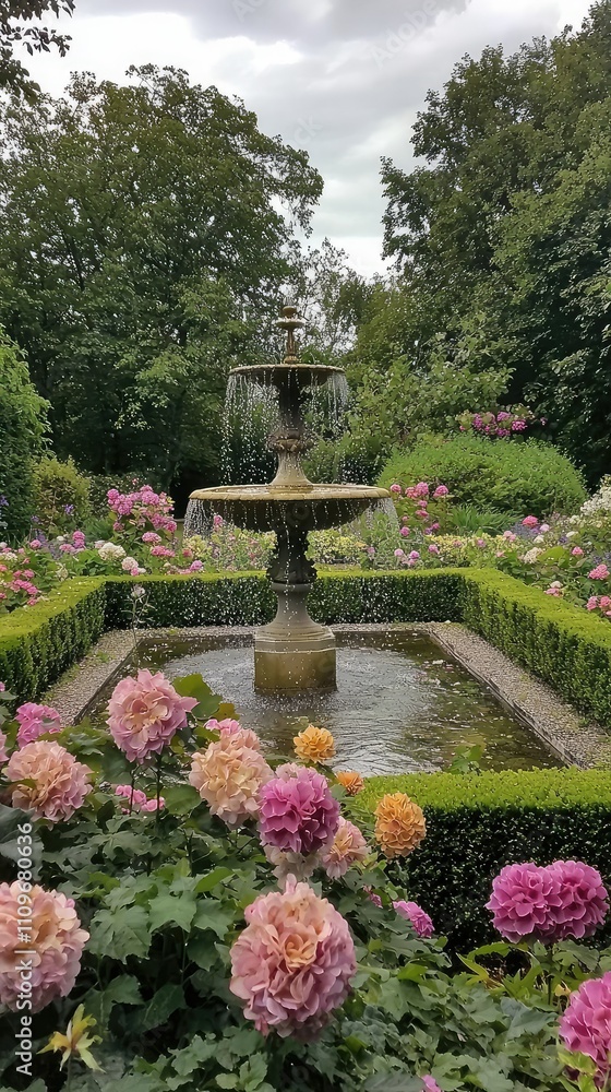 Tranquil Garden Scene Featuring a Beautiful Fountain Surrounded by Lush Greenery and Vibrant Roses in Varying Shades of Pink Under a Dramatic Cloudy Sky Tranquil Garden Scene Featuring a Beautiful Fountain Surrounded by Lush Greenery and Vibrant Roses in Varying Shades of Pink Under a Dramatic Cloudy Sky