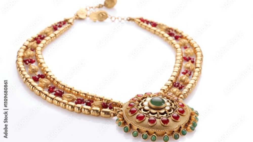 Fototapeta premium Opulent Gold Necklace with Red and Green Gemstones