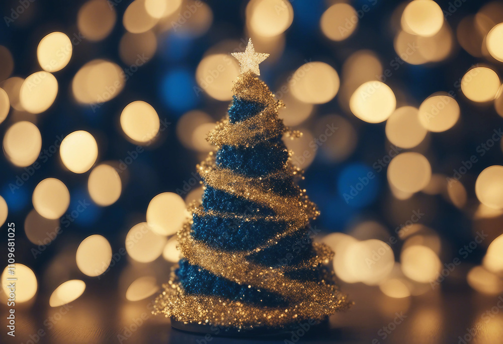 Christmas tree with sparkling lights and golden bokeh on a blue background creating a festive and ma Christmas tree with sparkling lights and golden bokeh on a blue background creating a festive and ma