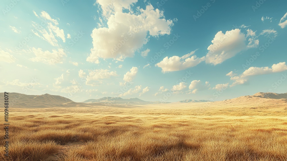 Expansive Golden Landscape Under Bright Blue Sky with Fluffy White Clouds and Distant Mountains in an Endless Horizon Setting Expansive Golden Landscape Under Bright Blue Sky with Fluffy White Clouds and Distant Mountains in an Endless Horizon Setting
