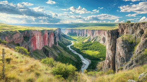 Breathtaking Landscape of a Rugged Canyon Valley Surrounded by Majestic Cliffs and Lush Greenery Under a Bright Blue Sky with Wispy Clouds
