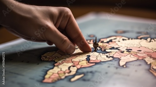 Planning a Journey: A Hand Places a Pin on a World Map, Embarking on an Adventure