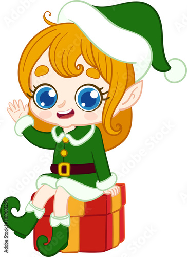 girl elf, Santa's Little Helper Waving on a Gift photo