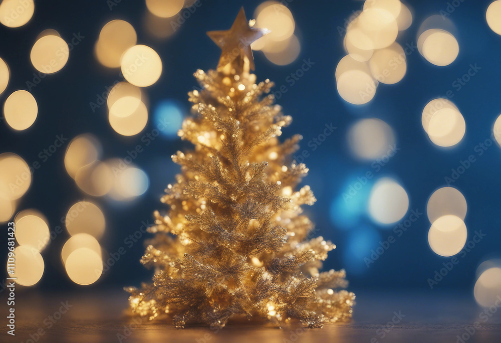Christmas tree with sparkling lights and golden bokeh on a blue background creating a festive and ma Christmas tree with sparkling lights and golden bokeh on a blue background creating a festive and ma