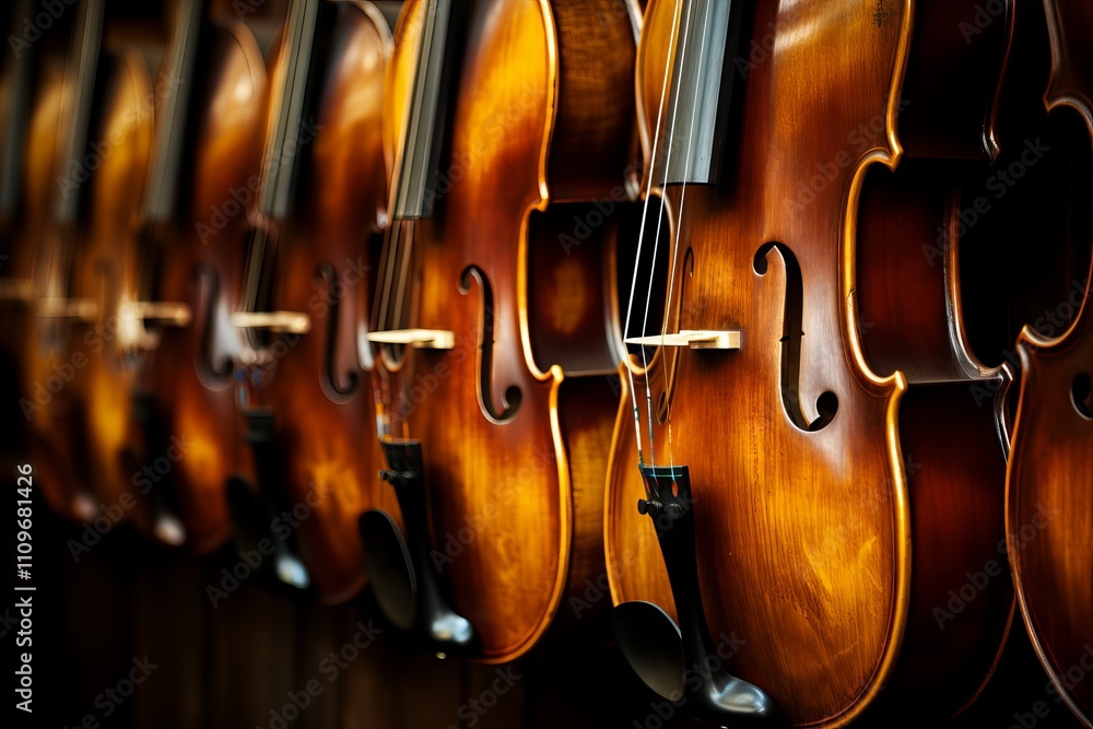Naklejka premium Beautifully crafted violins lined up in a serene music shop. Generative AI