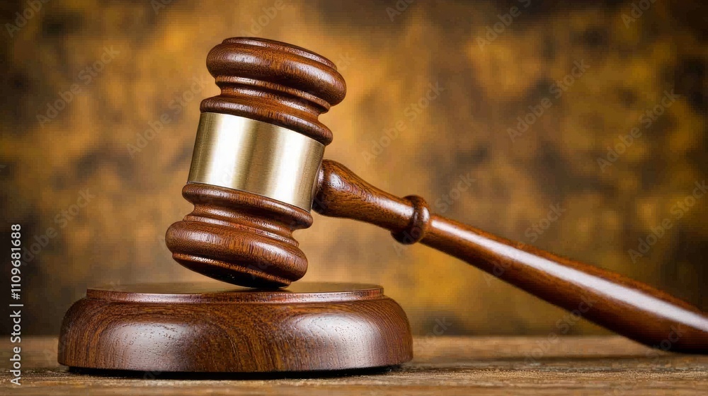 Gavel on Wooden Sound Block, Justice Symbol, Courtroom Item Gavel on Wooden Sound Block, Justice Symbol, Courtroom Item