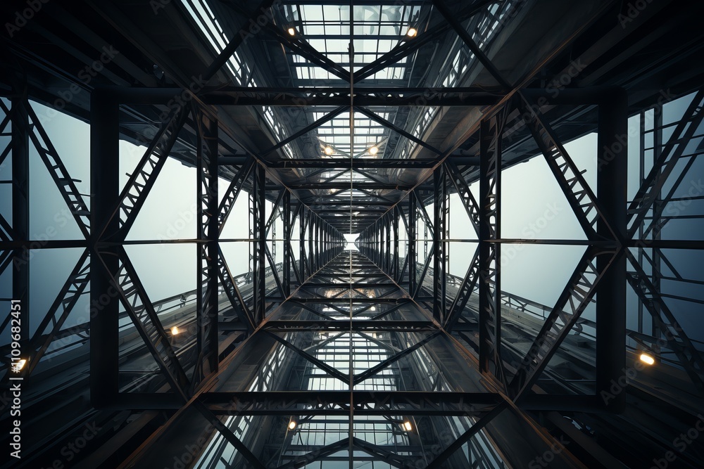 Fototapeta premium Unique perspective of industrial architecture showcasing steel structures and skies. Generative AI