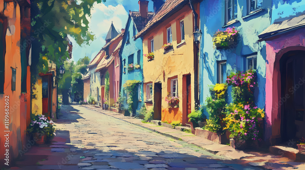 Naklejka premium Charming cobblestone street lined with colorful houses, offering a picturesque view in a peaceful neighborhood. Obscure. Illustration