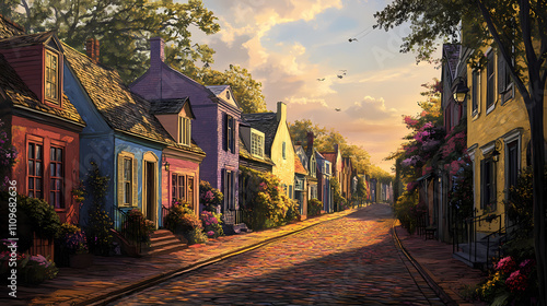 Charming cobblestone street lined with colorful houses, offering a picturesque view in a peaceful neighborhood. Obscure. Illustration