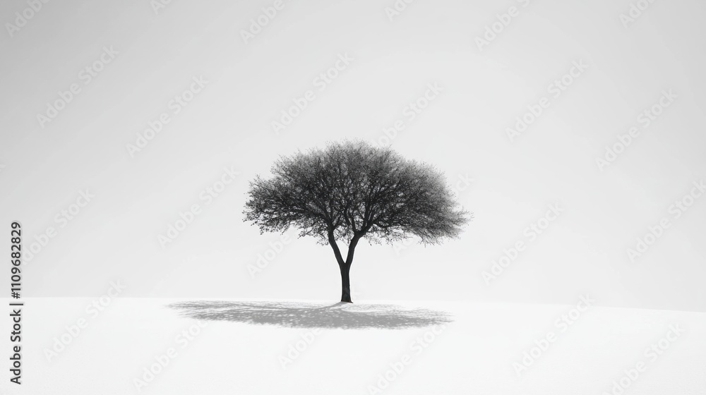 Fototapeta premium Solitary Tree in a Winter Landscape: A Monochrome Masterpiece