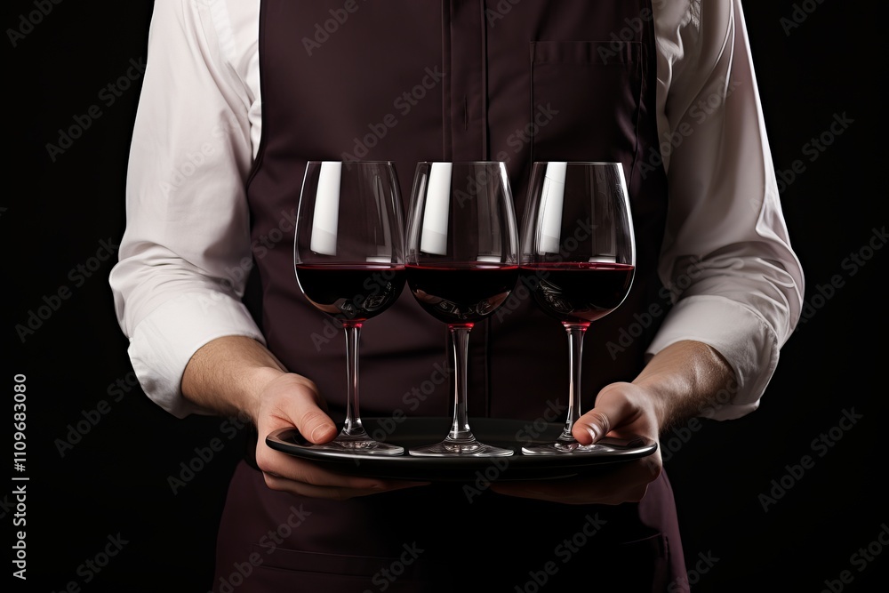 Server presents elegant wine glasses on a dark tray for a sophisticated evening. Generative AI Server presents elegant wine glasses on a dark tray for a sophisticated evening. Generative AI