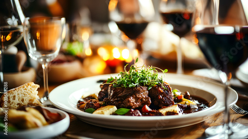 An Elegant and Mouthwatering Display of Beef Bourguignon Served on a Tastefully Set Table with Rich Sauce and Fresh Herbs