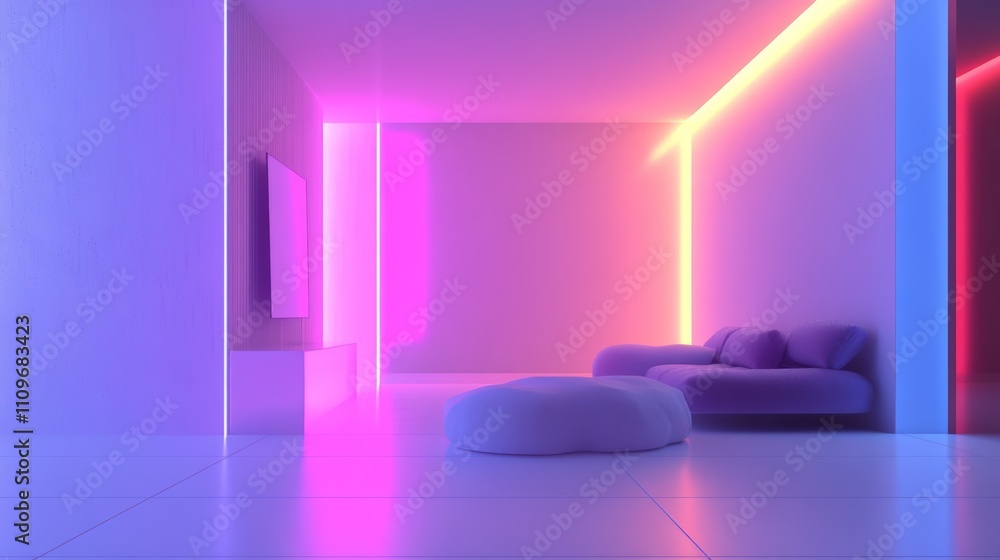 Neon-lit room, modern furniture, minimalist design. Neon-lit room, modern furniture, minimalist design.