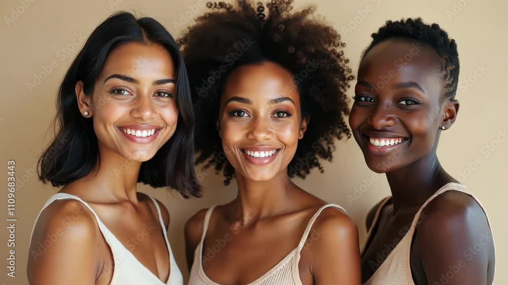 Smiling young women showcase friendship and diversity in a neutral-toned setting during a vibrant photo session Smiling young women showcase friendship and diversity in a neutral-toned setting during a vibrant photo session