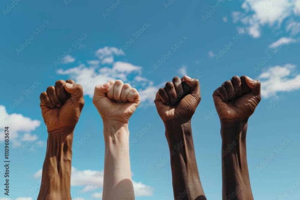 Four fists of African people united in sky photo with white background and copy space. Four fists of African people united in sky photo with white background and copy space.