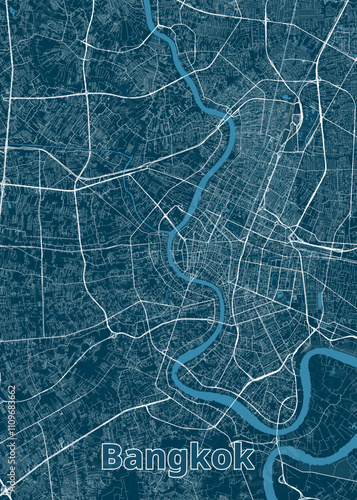 A detailed map of Bangkok, Thailand, rendered in a minimalist style. The map features a dark blue background with white lines representing streets and roads.