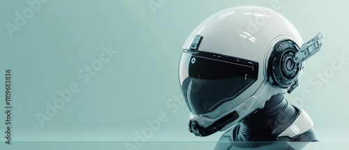 3D render of a futuristic helmet resting on a clean glass table photo