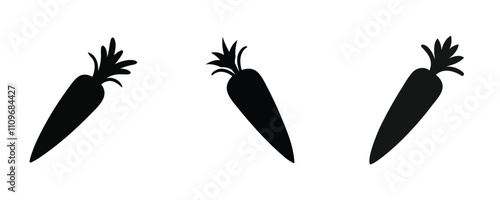 Set of three black carrot silhouettes with simple, clean designs on a white background, ideal for icons, logos, or food-themed graphics