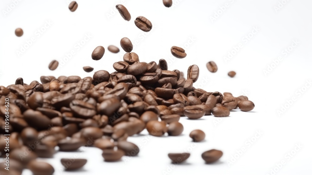Roasted Coffee Beans Falling on White Background Roasted Coffee Beans Falling on White Background