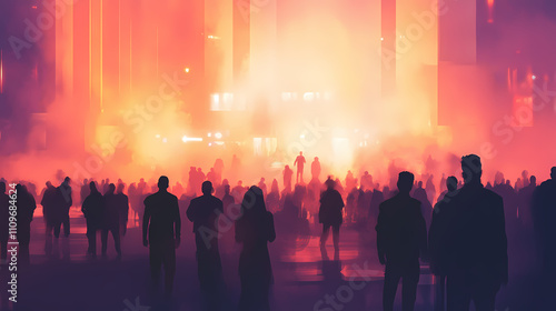 A hazy view of an event, with people forming a vague backdrop. Obscure. Illustration