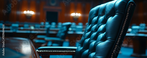 Empty legislative chamber with focus on leather chair.