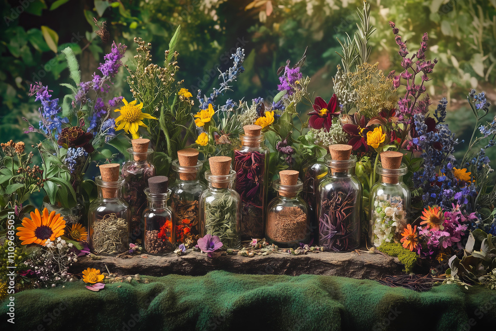 Fototapeta premium A photo of various herbal bottles and vials, each filled with different herbs and spices, set against an outdoor backdrop adorned with wildflowers and foliage. 