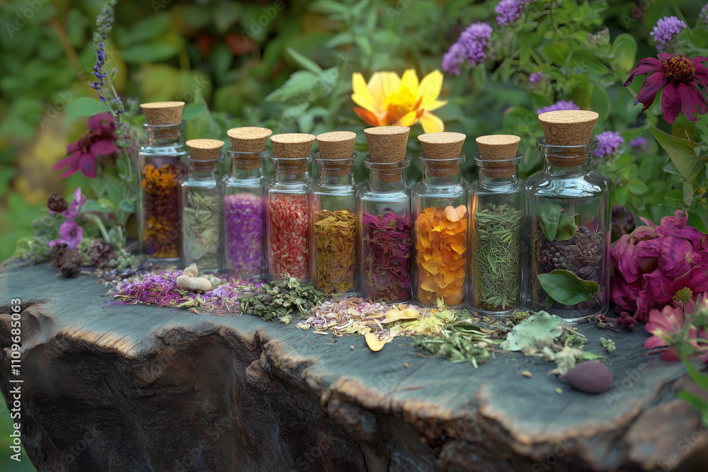 A photo of various herbal bottles and vials, each filled with different herbs and spices, set against an outdoor backdrop adorned with wildflowers and foliage.
A photo of various herbal bottles and vials, each filled with different herbs and spices, set against an outdoor backdrop adorned with wildflowers and foliage.