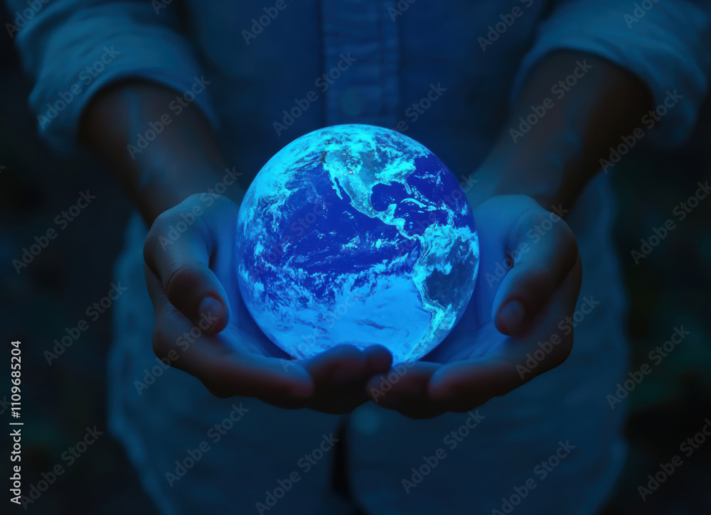 Glowing globe held in hands symbolizes environmental awareness and global unity Glowing globe held in hands symbolizes environmental awareness and global unity