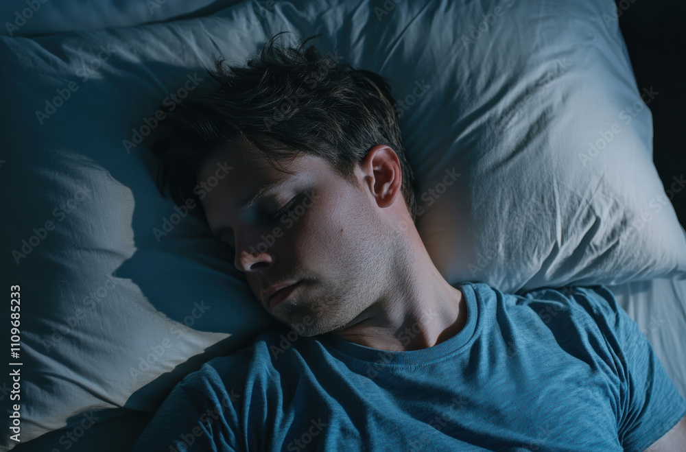 Young man peacefully sleeping in a dimly lit room at night Young man peacefully sleeping in a dimly lit room at night