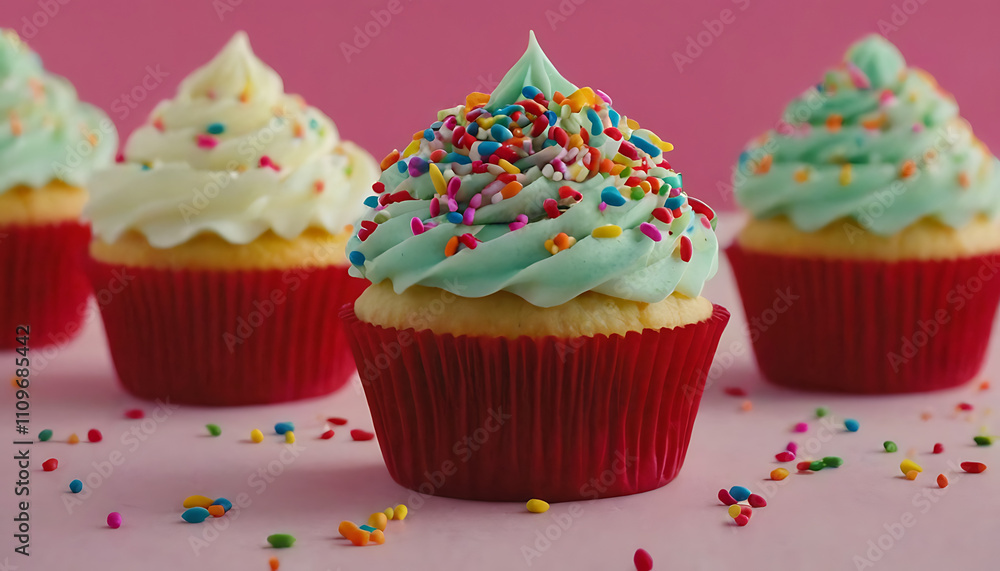 Colorful cupcakes topped with blue frosting and rainbow sprinkles. Colorful cupcakes topped with blue frosting and rainbow sprinkles.