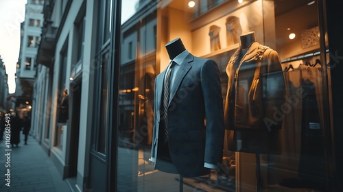 Men's suit displayed on a mannequin in a city shop window at dusk.