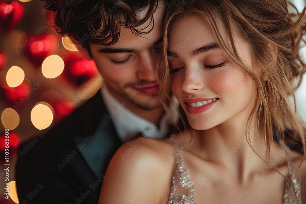 Young couple in love tenderly hugging in romantic evening on Valentine's Day Young couple in love tenderly hugging in romantic evening on Valentine's Day